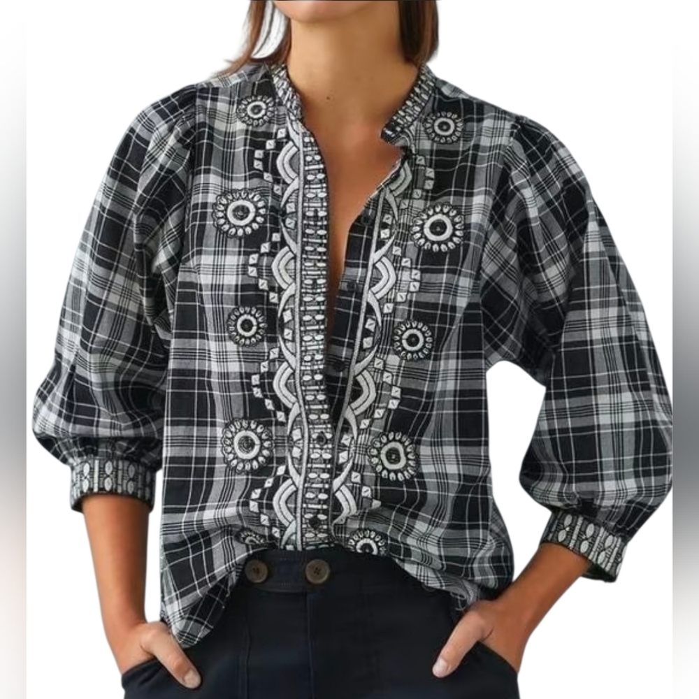 Anthropologie Pilcro embroidered black plaid top Sz M